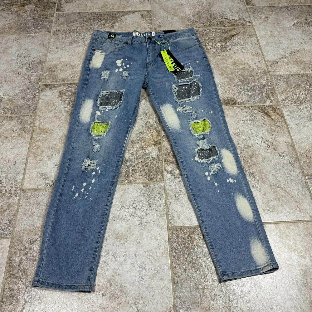 GS115 Denim Jeans Men's 34x31 Blue Factory Distressed 100% Cotton‎ Studded